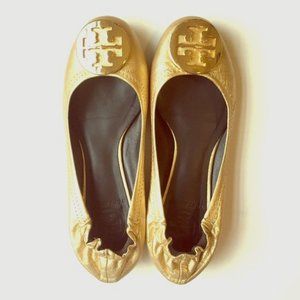Tory Burch Minnie gold metallic ballet flats 8M
